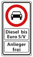 German Road Sign: .Diesel Up To Euro 5 Free - Open For Residents - Vector Illustration With Black Car - Isolated On White Background