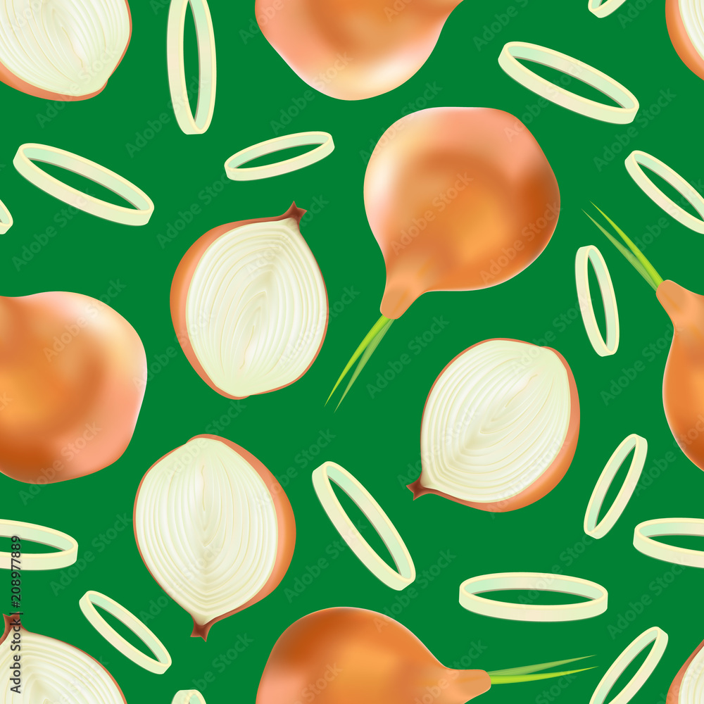 Poster realistic detailed 3d whole onion and slice seamless pattern background. vector