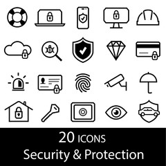 Security and protection line icons. Black and white icon set. Vector illustration.