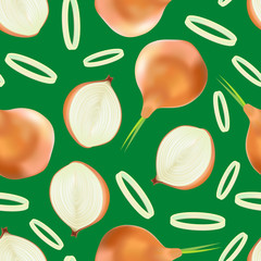 Realistic Detailed 3d Whole Onion and Slice Seamless Pattern Background. Vector