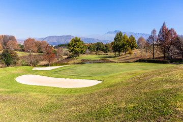 Scenic Golf Course In Autumn Fall in Mountains Birds Eye Landscape