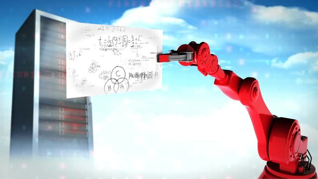 Digitally generated video of red robotic arm holding card with mathematical formula