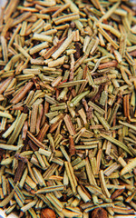 View from the top of dried rosemary. Macro background.