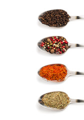Different spices in iron spoons isolated on white