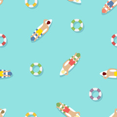 Seamless summer pattern with lifebuoy and surfers on the water.