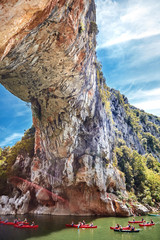 Kayaking. Pont D'Arc and the river, a large natural bridge (Ardeche Gorges , South France)