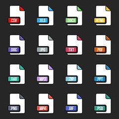 Creative vector illustration of file type icon set isolated on background. Art design flat lable. Document formats. Abstract concept graphic pictogram element for web, multimedia, computer technology