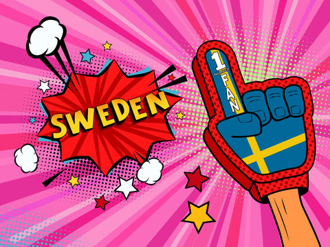 Sports fan male hand in glove raised up celebrating win of Sweden country flag. Sweden speech bubble with stars and clouds. Vector colorful fan illustration