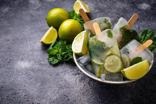 Mojito cocktail popsicle with mint, lime and rum