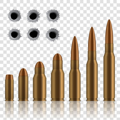 Creative vector illustration of realistic shot gun bullets, holes isolated on transparent background. Art design different gunshot and caliber of weapon. Abstract concept graphic gun ammo element - obrazy, fototapety, plakaty