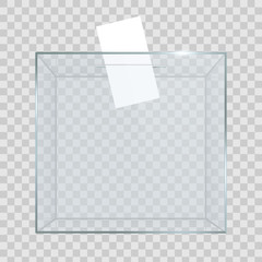 Creative vector illustration of realistic empty transparent ballot box with voting paper in hole isolated on background. Art design glass case is on museum pedestal, stage, 3d podium. Concept graphic