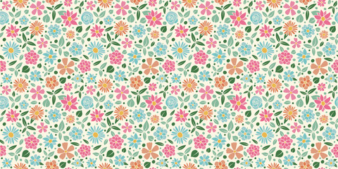Seamless pattern with hand drawn flowers in retro style. Mother's Day, Woman's Day and Valentine's Day. Vector..