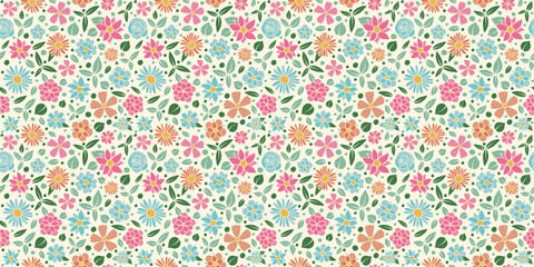 Seamless pattern with hand drawn flowers in retro style. Mother's Day, Woman's Day and Valentine's Day. Vector..