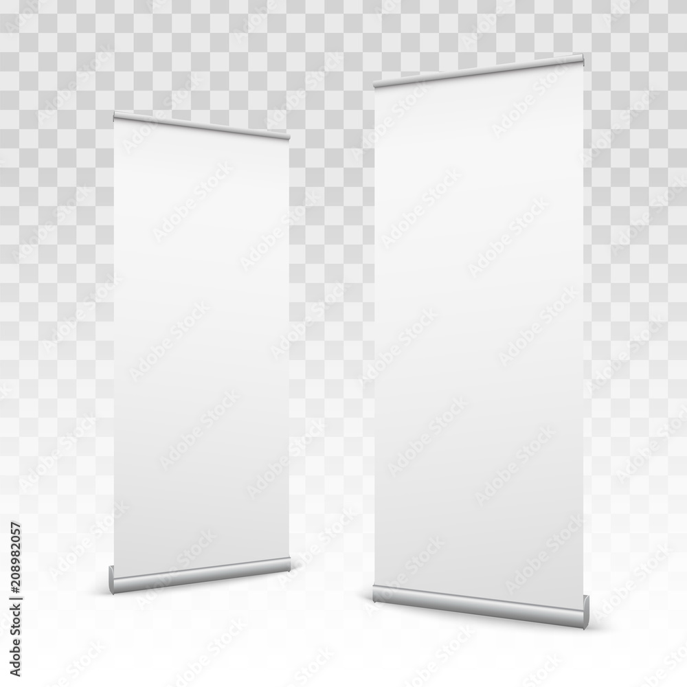 Wall mural creative vector illustration of empty roll up banners with paper canvas texture isolated on transpar