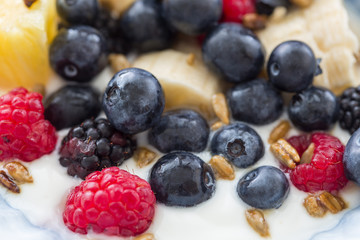 Plate of mixed fruits with yogurt
