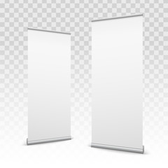 Creative vector illustration of empty roll up banners with paper canvas texture isolated on transparent background. Art design blank template mockup. Concept graphic promotional presentation element