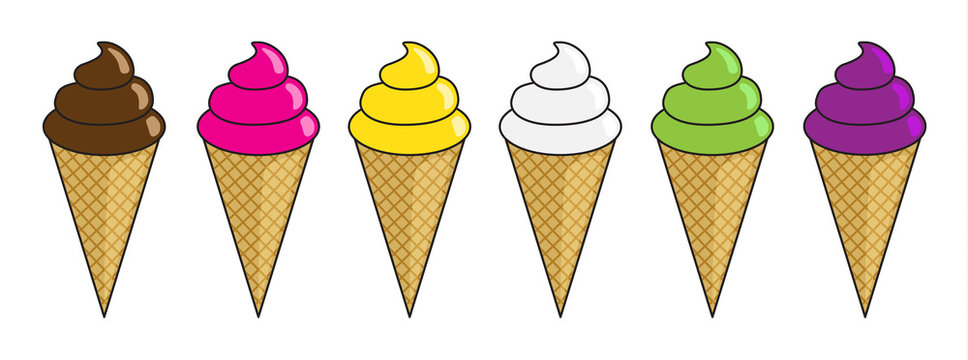 Set di gelati in cono di vari gusti e colori 