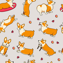 Seamless pattern. Cute dogs breed Welsh Corgi Pembroke on white background. A domestic pet, a happy royal animal for girls. Funny Red haired puppy looks like a fox. Vector illustration.