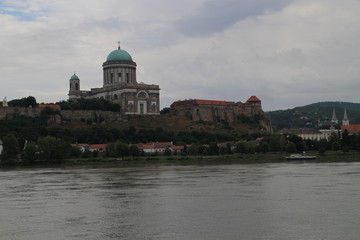 View from Slovakia across danube river to Esztergomi Basilica in Esztergom, Hungary