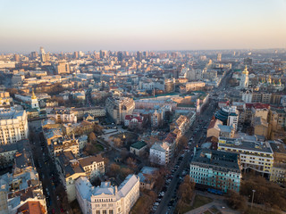 Panoramic aerial view from the drone, a view of the bird's eye view of the the central historical part of the city of Kiev, Ukraine, with old buildings of the city.