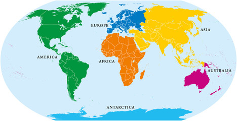 Fototapeta premium Sześć kontynentów, mapa polityczna. Ameryka, Afryka, Antarktyda, Azja, Australia i Europa, z liniami brzegowymi i granicami. Projekcja Robinsona. Etykietowanie w języku angielskim. Na białym tle Wektor.