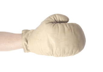 White boxing glove wearing in male hand