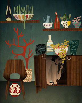 Woman hiding in cabinet