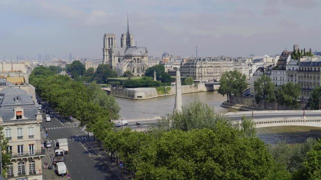 Aerial view of Notre Dame in Paris, Tournelle Bridge, statue of St. Genevieve