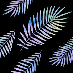watercolor palm leaves seamless pattern with black background