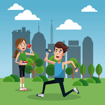 Man running and woman eating healthy at park vector illustration graphic design