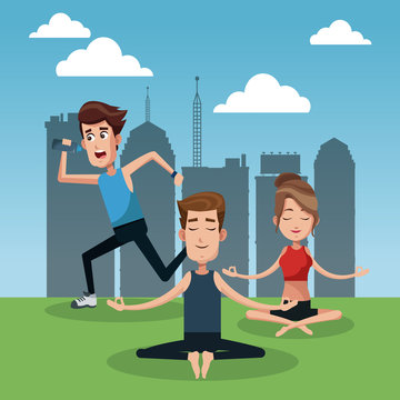 People doing yoga at patk cartoons vector illustration graphic design