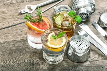 Fruit drinks lemonade ice mint leaves