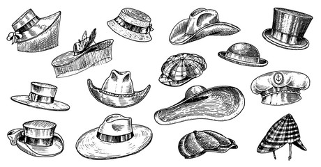 Summer Hats vintage collection for elegant men,woman, female and ladies. Fedora Derby Deerstalker Homburg Bowler Straw Beret Captain Cowboy Porkpie Boater. Retro fashion set. English style. Hand drawn
