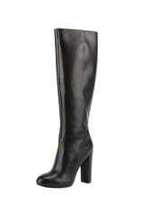 Black High Heel Knee-High Leather Boot on White Background