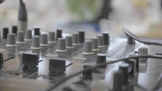 Sound control panel close up view. Mixing console at a party