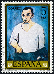 stamp printed by Spain shows self-portrait  by Pablo Ruiz Picasso - obrazy, fototapety, plakaty