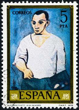 stamp printed by Spain shows self-portrait  by Pablo Ruiz Picasso