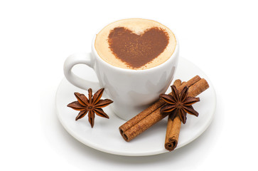 Coffee cup with heart shape on a white background.