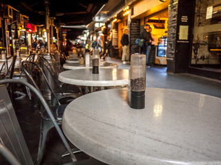 Outdoor seatings of cafe/restaurants in Melbourne's Degraves Street -- one of the city’s most...