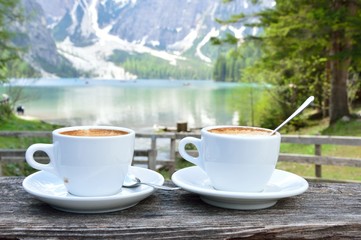 cappuccino in the open air on Lake Braies