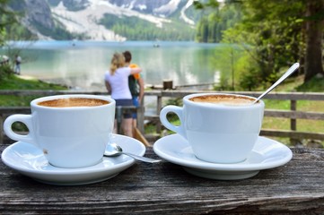 cappuccino in the open air on Lake Braies