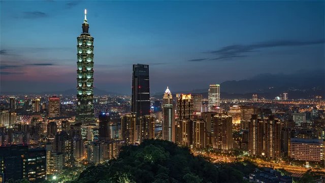 4K Timelapse Sequence of Taipei, Taiwan - Medium shot of Taipei's downtown from day to night