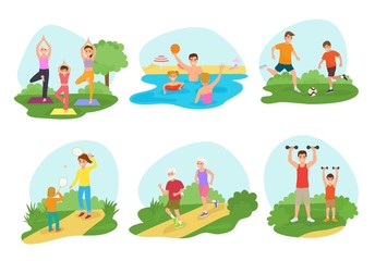 Fototapeta premium Family workout exercise vector active people mom or dad character and kids exercising together in park illustration set of man or woman with children training fitness isolated on white background