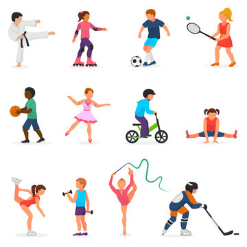 Child In Sport Vector Boy Or Girl Character Playing Hockey Or Soccer And Children Dancing Or Skating Illustration Set Of Kids Sportive Activity Isolated On White Background