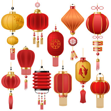 Chinese lantern vector traditional red lantern-light and oriental decoration of china culture for asian celebration illustration set of festival decor light isolated on white background