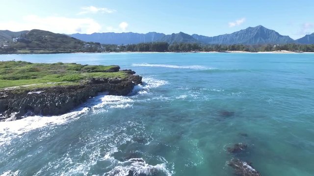 Aerial Drone Flying over Ocean and Island, Hawaii 2.7K