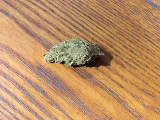 A bud of the Green Crack strain of marijuana on a wooden table in the sun 
