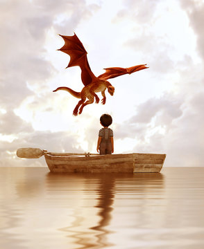 boy standing on an old wooden rowboat in the sea looking at the dragon flying above the sky,3d illustration