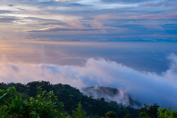 morning the cold weather is make floating fog on the mountain of mist slow floating fog blowing cover on the top of mountain 