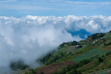 Rural scene with mountains and fog in the background